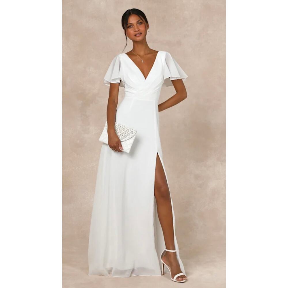 NWT! Lulus Beautiful Perfection White Flutter Sleeve Embroidered Maxi Dress M